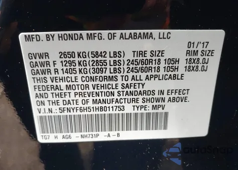 2017 Honda Pilot Ex-L z USA, uszkodzony, nr VIN 5FNYF6H51HB011753